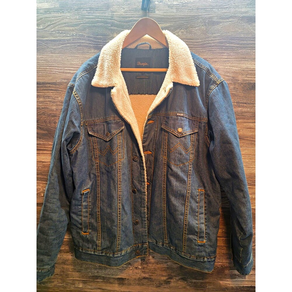 Wrangler Mens Blue Lined Denim Jean Jacket Pockets Button Front Short Size M